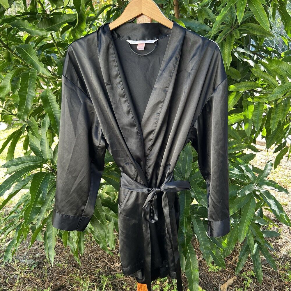 Victorias Secret Robe Womens One Size Black Satin Belted Kimono Sleep Silky